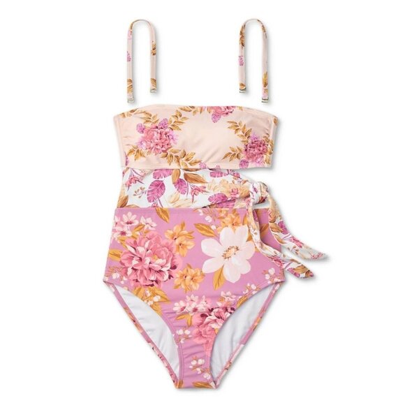 Kona Sol Large 12-14 Pink Garden Floral Side Tie Full Coverage 1 Piece Swimsuit - Picture 2 of 7